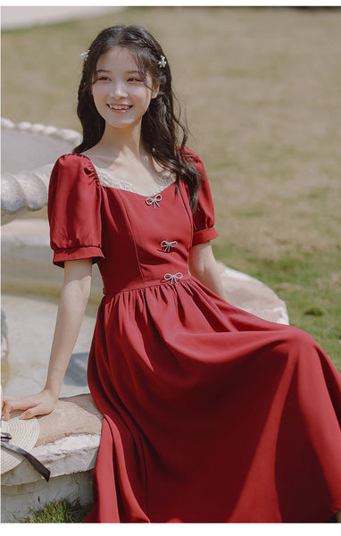 Retro Women Square Neck Bow Waist Puff Short Sleeves Lace Neckline Mid Length Ruffle A Line Dress