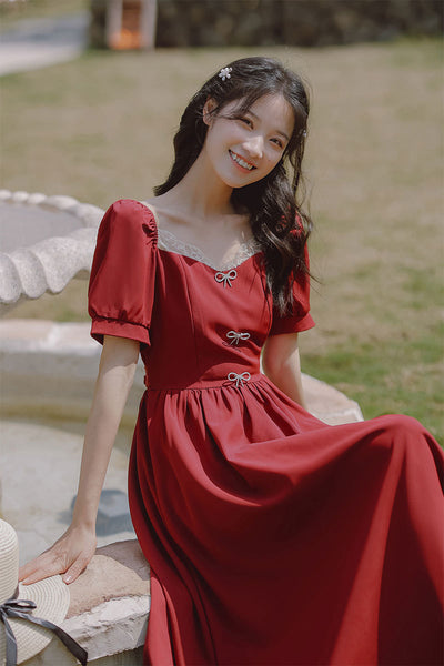 Retro Women Square Neck Bow Waist Puff Short Sleeves Lace Neckline Mid Length Ruffle A Line Dress