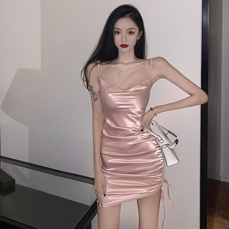 Summer Sexy Women Luxury Pink Pleated V-Neck Spaghetti Strap High Waist Side Drawstring Clubbing Bodycon Dress