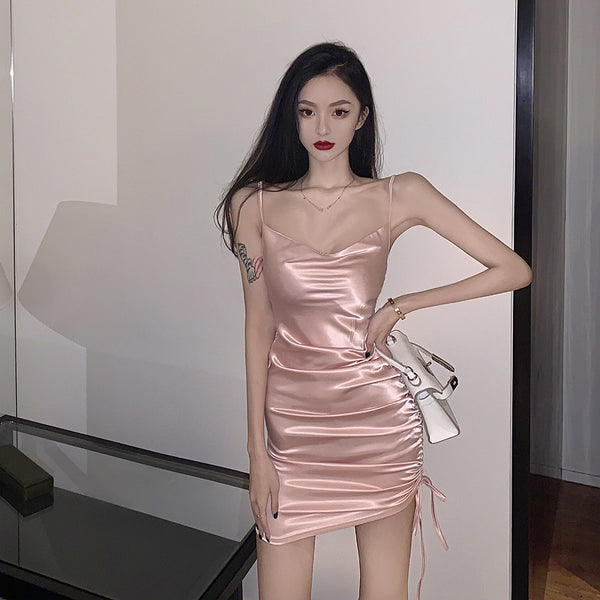 Summer Sexy Women Luxury Pink Pleated V-Neck Spaghetti Strap High Waist Side Drawstring Clubbing Bodycon Dress