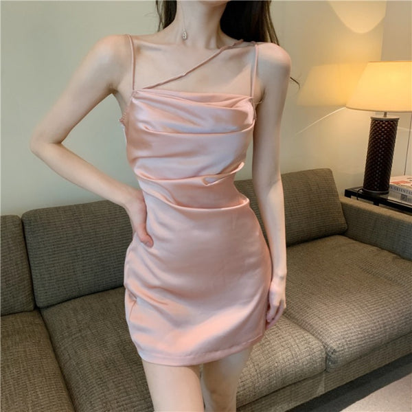 Temperament Sexy Women Comfortable Satin Spaghetti Strap High Waist Party Bodycon Dress