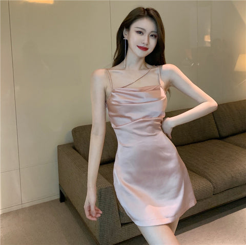 Temperament Sexy Women Comfortable Satin Spaghetti Strap High Waist Party Bodycon Dress