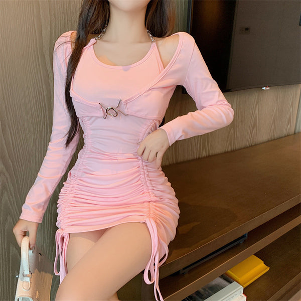 Spring Autumn Temperament Sexy Women Two pieces Top Long Sleeved Side Drawstring Party Bodycon Dress