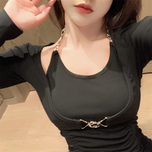 Spring Autumn Temperament Sexy Women Two pieces Top Long Sleeved Side Drawstring Party Bodycon Dress