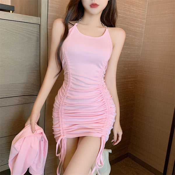 Spring Autumn Temperament Sexy Women Two pieces Top Long Sleeved Side Drawstring Party Bodycon Dress