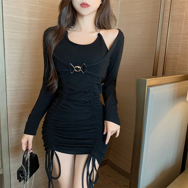 Spring Autumn Temperament Sexy Women Two pieces Top Long Sleeved Side Drawstring Party Bodycon Dress