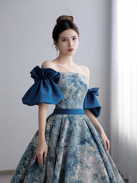 Temperament Princess Blue Tube Top Strapless Puffy Sleeve Backless Sash Sweep Party Evening A Line Prom Dress