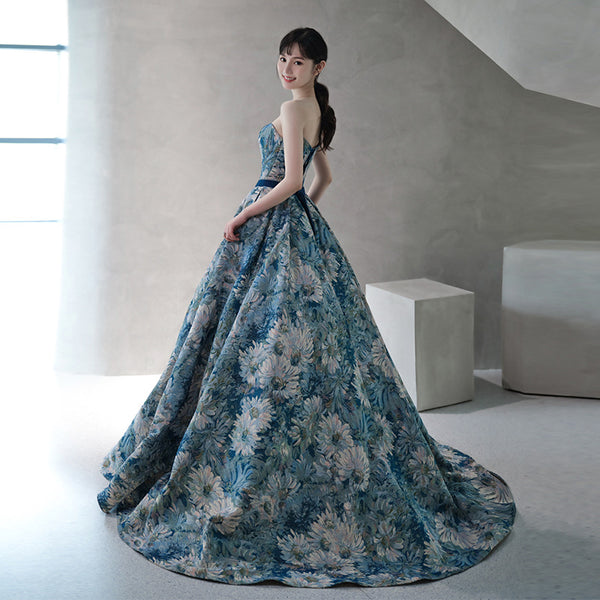 Temperament Princess Blue Tube Top Strapless Puffy Sleeve Backless Sash Sweep Party Evening A Line Prom Dress