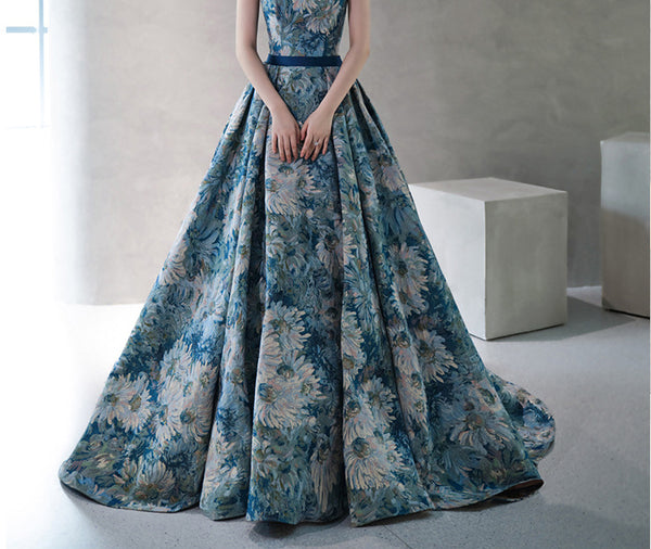 Temperament Princess Blue Tube Top Strapless Puffy Sleeve Backless Sash Sweep Party Evening A Line Prom Dress