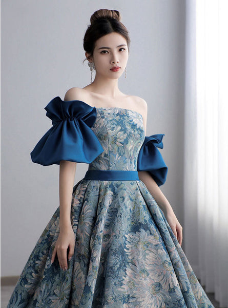 Temperament Princess Blue Tube Top Strapless Puffy Sleeve Backless Sash Sweep Party Evening A Line Prom Dress
