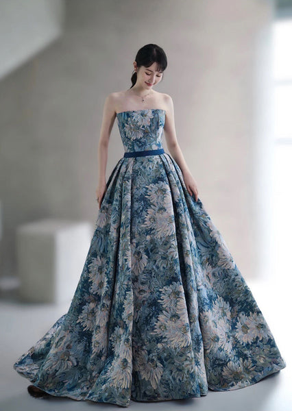 Temperament Princess Blue Tube Top Strapless Puffy Sleeve Backless Sash Sweep Party Evening A Line Prom Dress