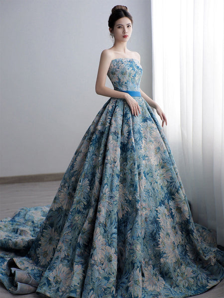 Temperament Princess Blue Tube Top Strapless Puffy Sleeve Backless Sash Sweep Party Evening A Line Prom Dress