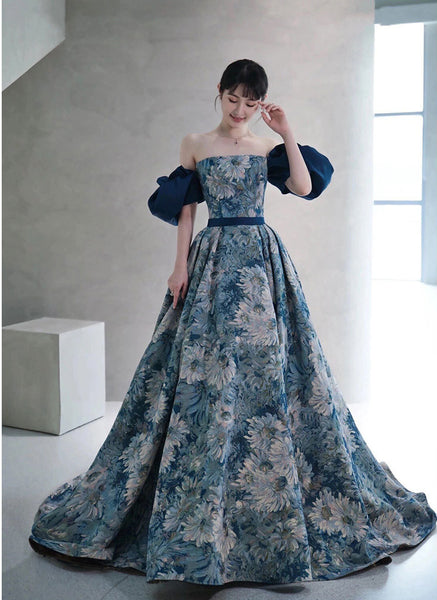 Temperament Princess Blue Tube Top Strapless Puffy Sleeve Backless Sash Sweep Party Evening A Line Prom Dress