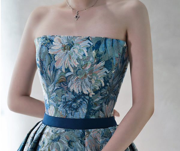 Temperament Princess Blue Tube Top Strapless Puffy Sleeve Backless Sash Sweep Party Evening A Line Prom Dress