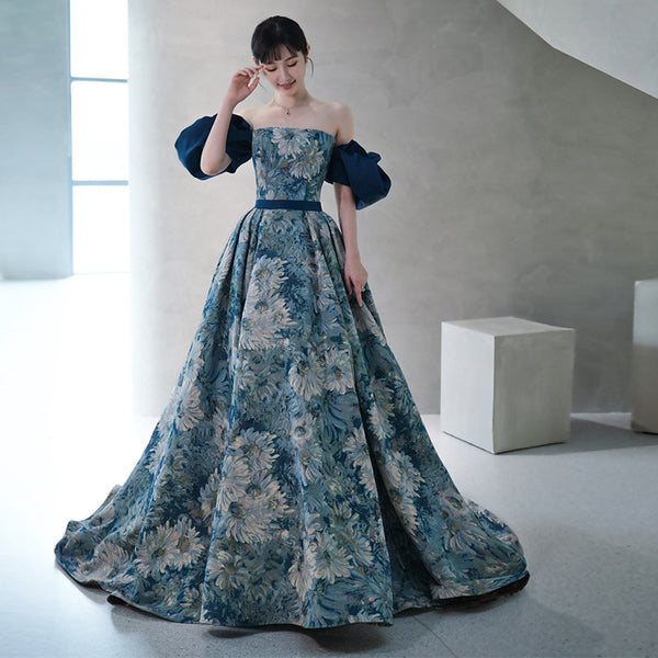 Temperament Princess Blue Tube Top Strapless Puffy Sleeve Backless Sash Sweep Party Evening A Line Prom Dress