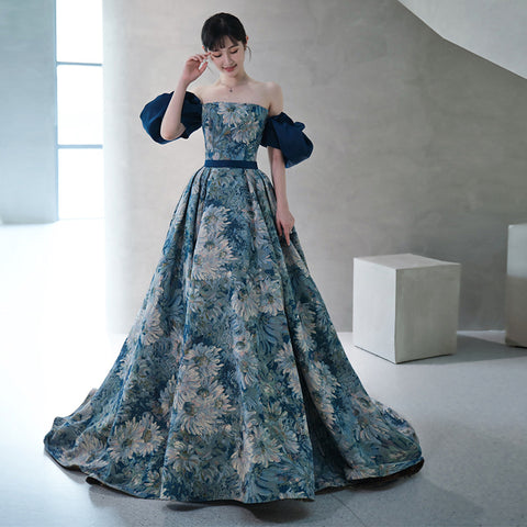 Temperament Princess Blue Tube Top Strapless Puffy Sleeve Backless Sash Sweep Party Evening A Line Prom Dress