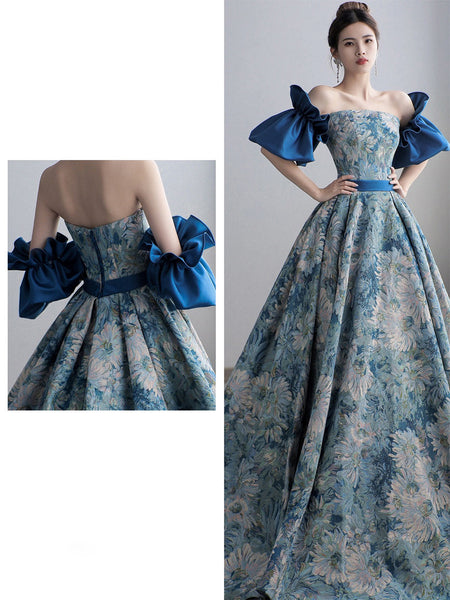Temperament Princess Blue Tube Top Strapless Puffy Sleeve Backless Sash Sweep Party Evening A Line Prom Dress