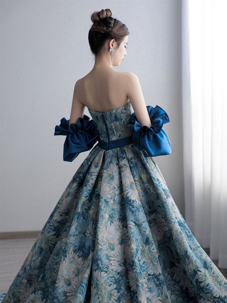 Temperament Princess Blue Tube Top Strapless Puffy Sleeve Backless Sash Sweep Party Evening A Line Prom Dress