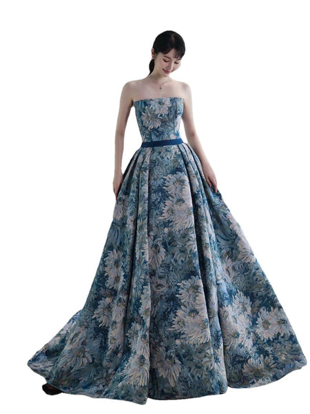 Temperament Princess Blue Tube Top Strapless Puffy Sleeve Backless Sash Sweep Party Evening A Line Prom Dress