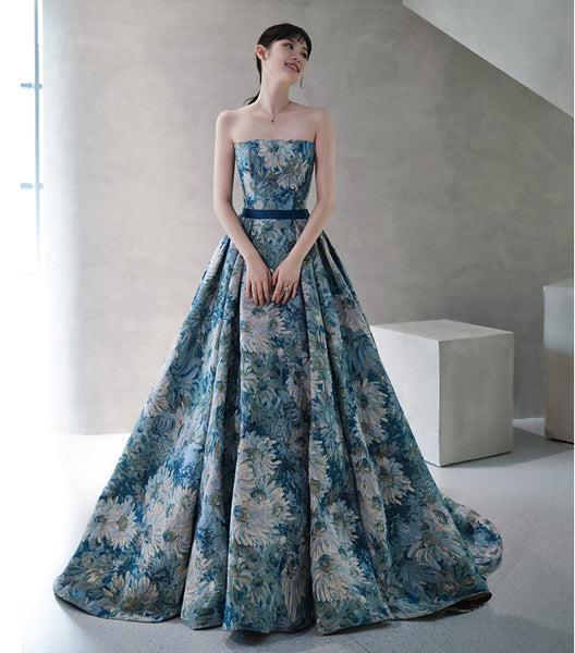 Temperament Princess Blue Tube Top Strapless Puffy Sleeve Backless Sash Sweep Party Evening A Line Prom Dress