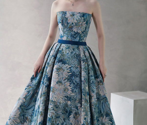 Temperament Princess Blue Tube Top Strapless Puffy Sleeve Backless Sash Sweep Party Evening A Line Prom Dress