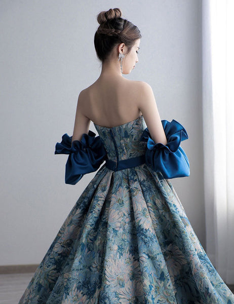 Temperament Princess Blue Tube Top Strapless Puffy Sleeve Backless Sash Sweep Party Evening A Line Prom Dress