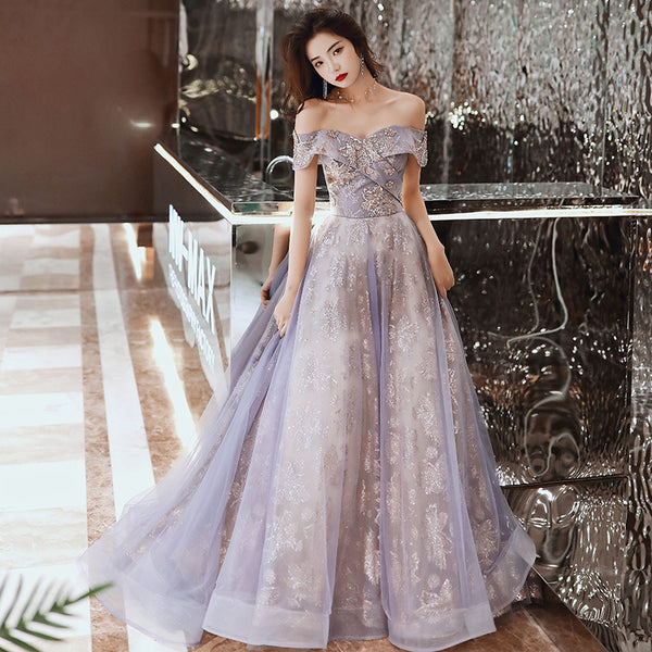 Retro Elegant Banquet Temperament Fairy Women Ruffle Off Shoulder Starry Gradient Long Prom Dress