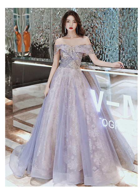 Retro Elegant Banquet Temperament Fairy Women Ruffle Off Shoulder Starry Gradient Long Prom Dress