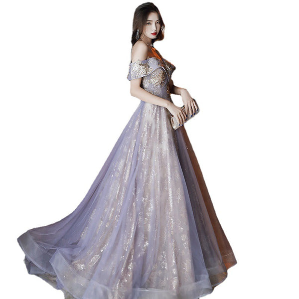 Retro Elegant Banquet Temperament Fairy Women Ruffle Off Shoulder Starry Gradient Long Prom Dress
