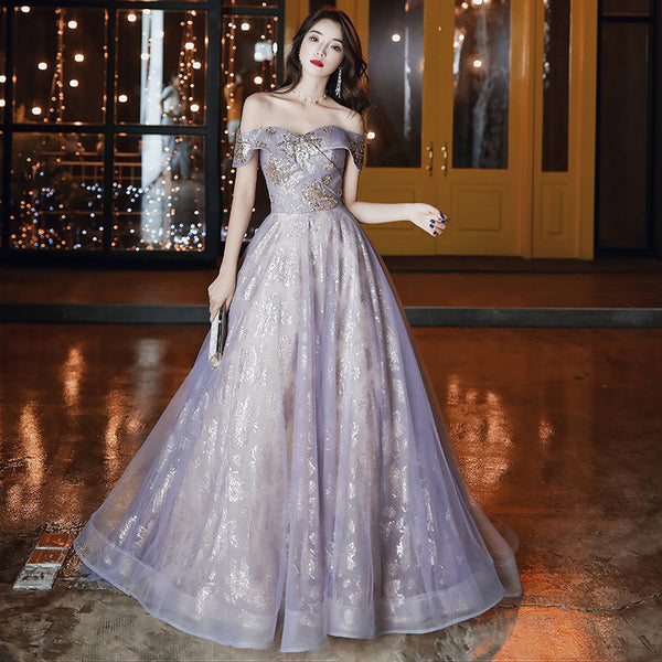 Retro Elegant Banquet Temperament Fairy Women Ruffle Off Shoulder Starry Gradient Long Prom Dress