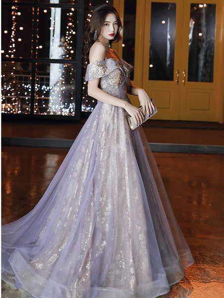 Retro Elegant Banquet Temperament Fairy Women Ruffle Off Shoulder Starry Gradient Long Prom Dress