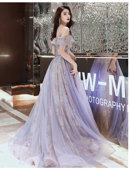 Retro Elegant Banquet Temperament Fairy Women Ruffle Off Shoulder Starry Gradient Long Prom Dress
