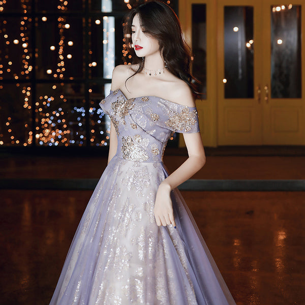 Retro Elegant Banquet Temperament Fairy Women Ruffle Off Shoulder Starry Gradient Long Prom Dress
