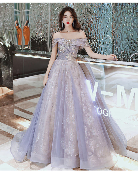 Retro Elegant Banquet Temperament Fairy Women Ruffle Off Shoulder Starry Gradient Long Prom Dress