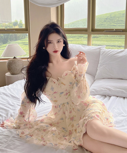 Summer Sweet Temperament Sexy Women V Neck Floral Printed Chiffon Long Sleeved Pleated Layer Hem A Line Dress