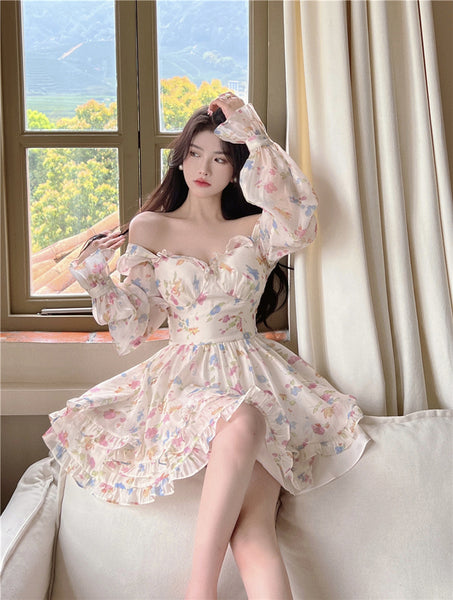 Summer Sweet Temperament Sexy Women V Neck Floral Printed Chiffon Long Sleeved Pleated Layer Hem A Line Dress