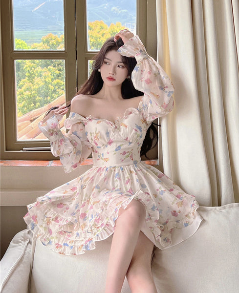 Summer Sweet Temperament Sexy Women V Neck Floral Printed Chiffon Long Sleeved Pleated Layer Hem A Line Dress