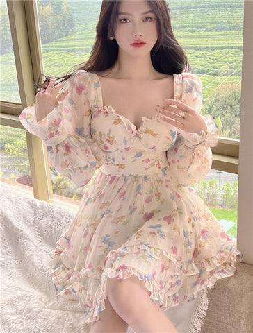 Summer Sweet Temperament Sexy Women V Neck Floral Printed Chiffon Long Sleeved Pleated Layer Hem A Line Dress