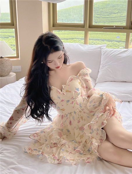 Summer Sweet Temperament Sexy Women V Neck Floral Printed Chiffon Long Sleeved Pleated Layer Hem A Line Dress