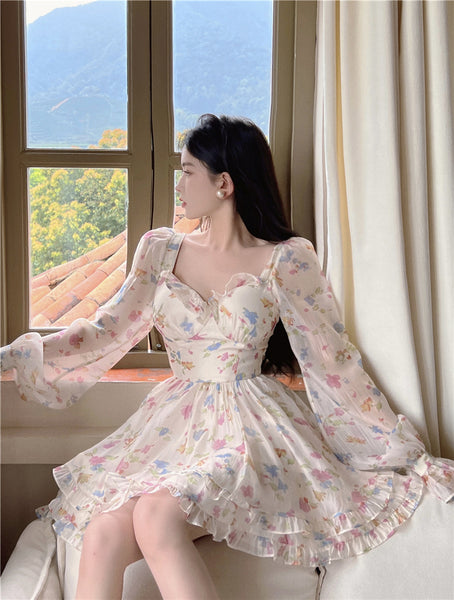 Summer Sweet Temperament Sexy Women V Neck Floral Printed Chiffon Long Sleeved Pleated Layer Hem A Line Dress