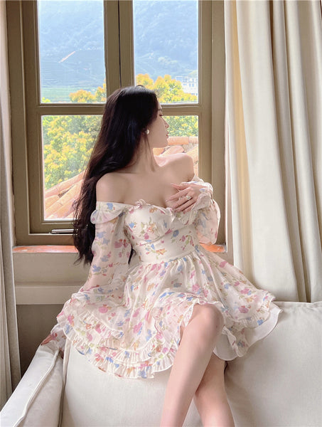 Summer Sweet Temperament Sexy Women V Neck Floral Printed Chiffon Long Sleeved Pleated Layer Hem A Line Dress