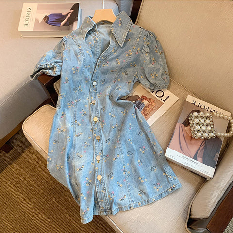 Great Look Chic Summer Women Puff Sleeved Denim Turn Down Collar High Waisted Short Lapel Floral Printed Dress