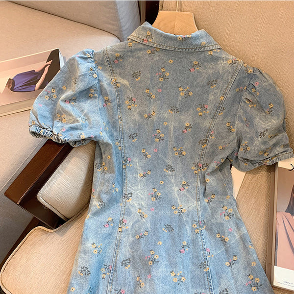 Great Look Chic Summer Women Puff Sleeved Denim Turn Down Collar High Waisted Short Lapel Floral Printed Dress