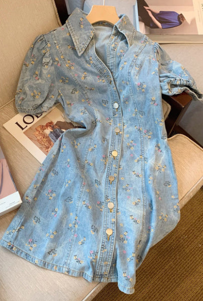 Great Look Chic Summer Women Puff Sleeved Denim Turn Down Collar High Waisted Short Lapel Floral Printed Dress