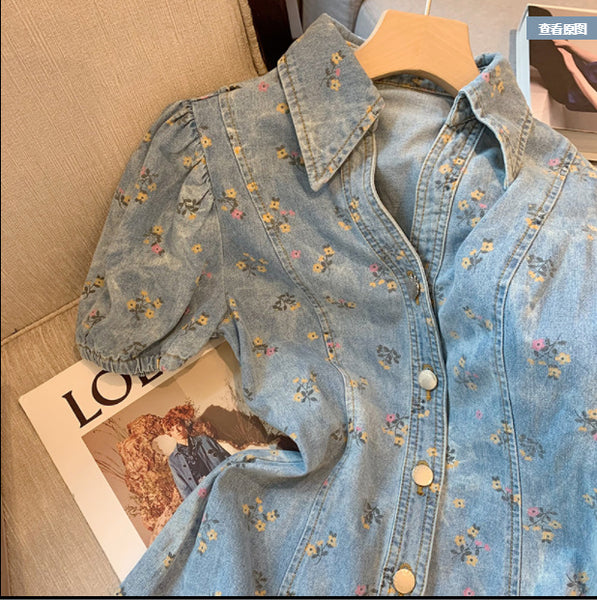 Great Look Chic Summer Women Puff Sleeved Denim Turn Down Collar High Waisted Short Lapel Floral Printed Dress