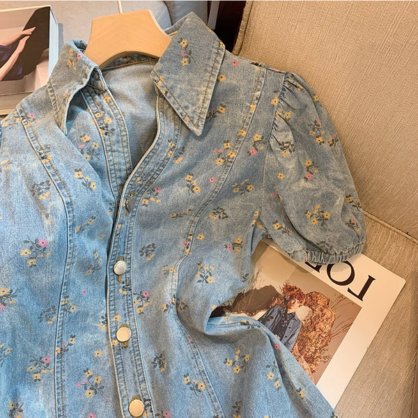 Great Look Chic Summer Women Puff Sleeved Denim Turn Down Collar High Waisted Short Lapel Floral Printed Dress