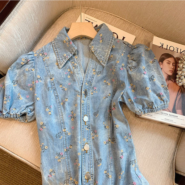 Great Look Chic Summer Women Puff Sleeved Denim Turn Down Collar High Waisted Short Lapel Floral Printed Dress