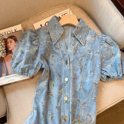Great Look Chic Summer Women Puff Sleeved Denim Turn Down Collar High Waisted Short Lapel Floral Printed Dress