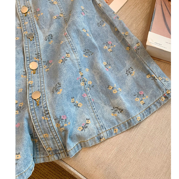 Great Look Chic Summer Women Puff Sleeved Denim Turn Down Collar High Waisted Short Lapel Floral Printed Dress