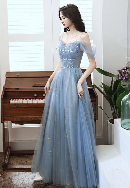 Temperament Elegant Women Blue Wrinkle Waist Spaghetti Strap Mesh Sleeves Evening Birthday Dinner Party Dress